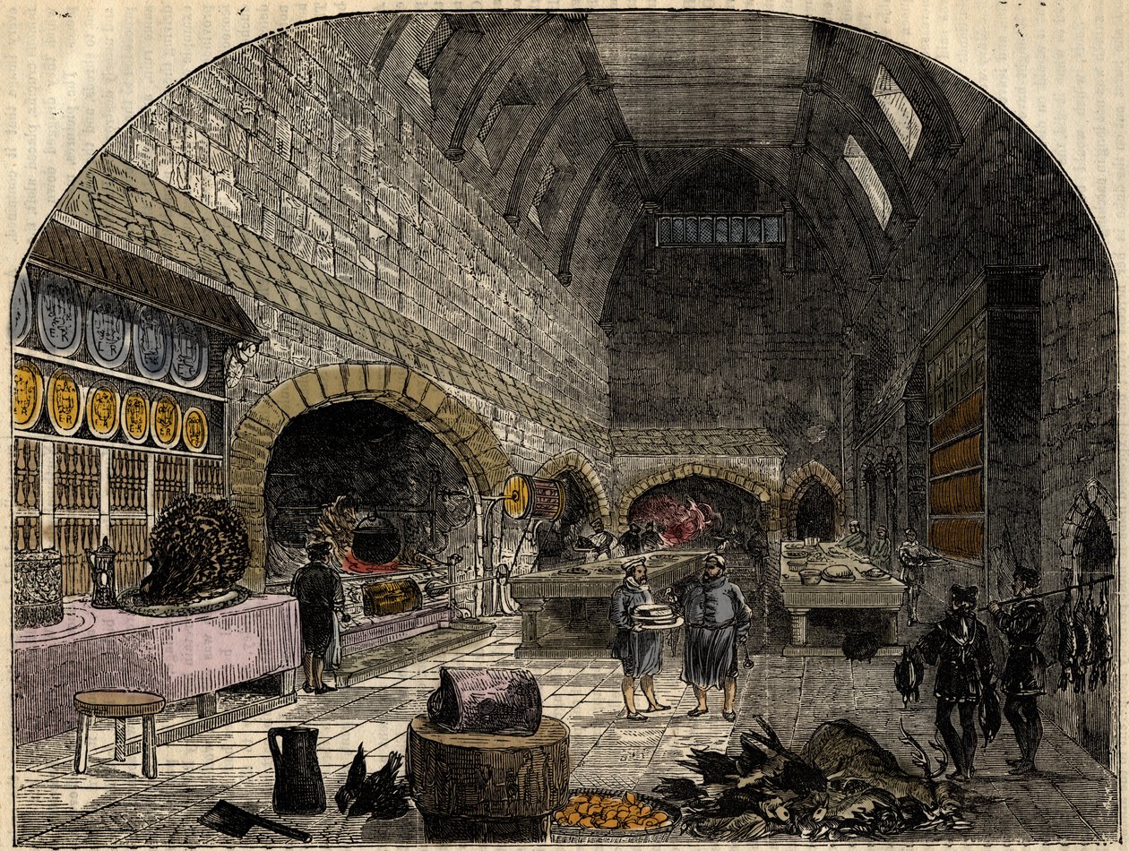 La cocina del siglo XVI de la reina Isabel I - grabado de “Historia de Inglaterra” por Cassell Petter & Galpin de School English