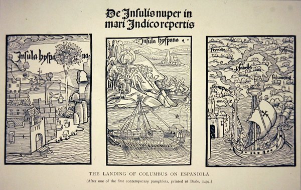 El desembarco de Colón en Española, según un folleto contemporáneo publicado en Basilea en 1494 de School English