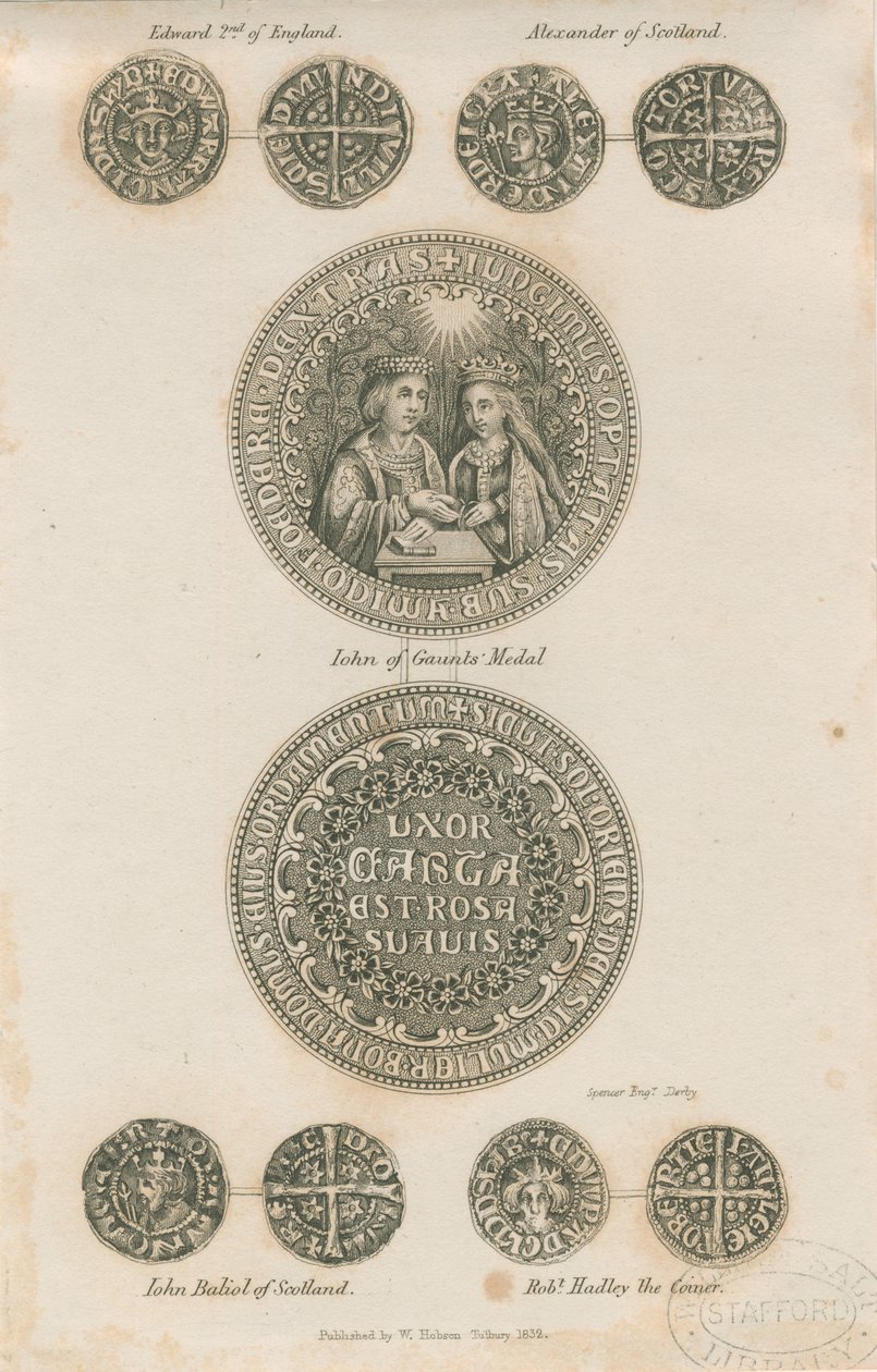 Tutbury - Placa de monedas medievales: grabado, nd [c 1832] de School English