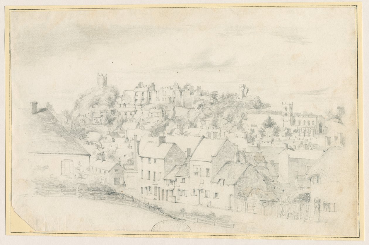 Tutbury - Ciudad, Iglesia y Castillo: dibujo a lápiz, nd [?siglo XIX] de School English