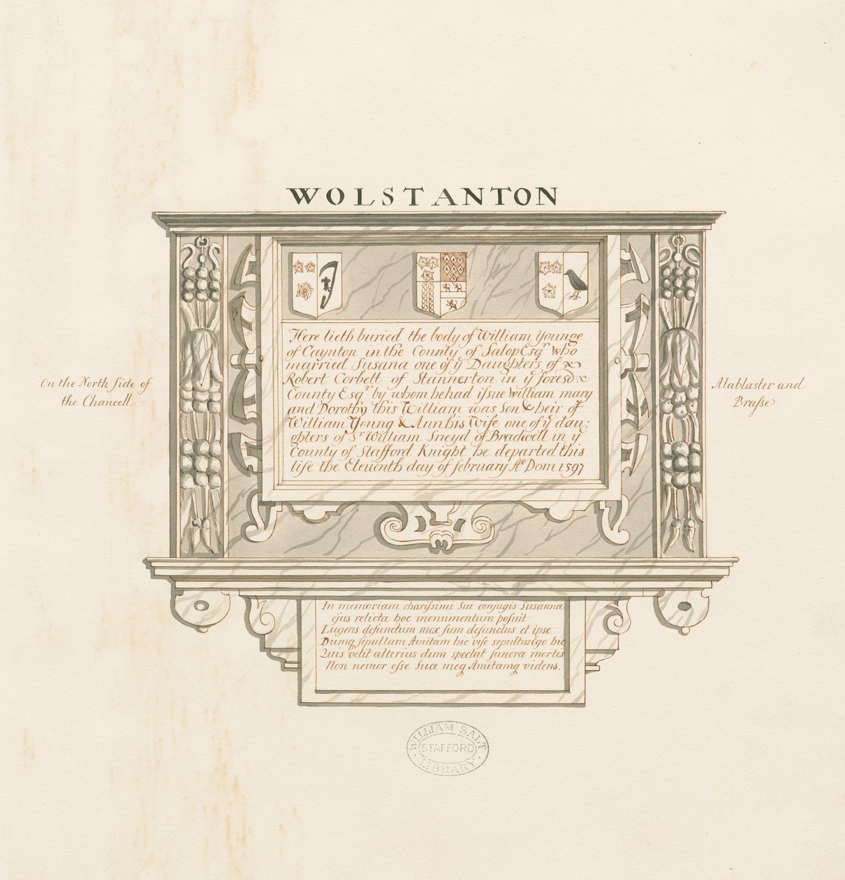Iglesia de Wolstanton - Monumento en la Pared a William Yonge de Caynton: dibujo a pluma y lavado, nd [?siglo XIX] de School English
