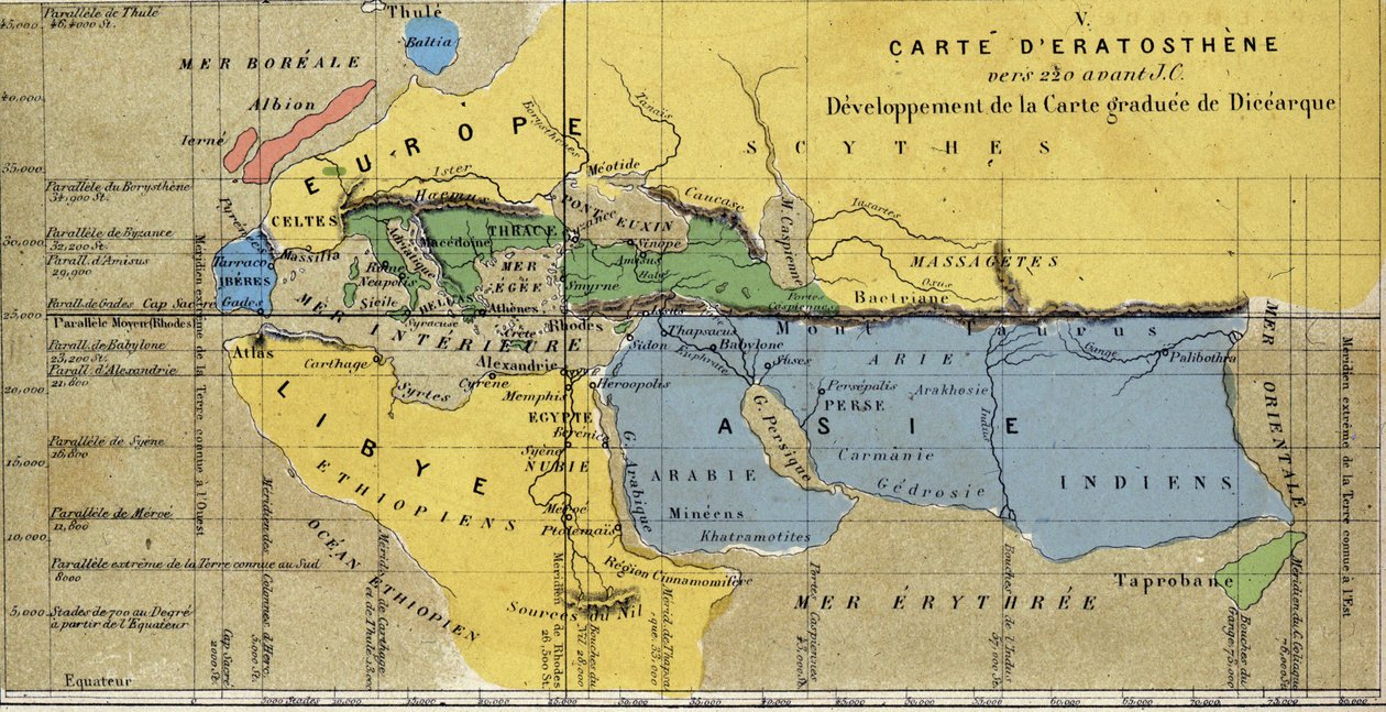 Mapa de Eratóstenes, astrónomo y geógrafo griego del siglo III a.C. 220 a.C. de School French