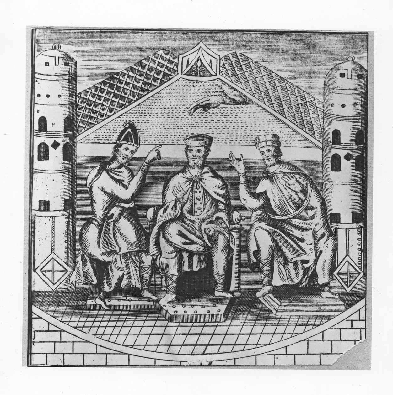 Carlomagno y sus asesores (grabado) de School French