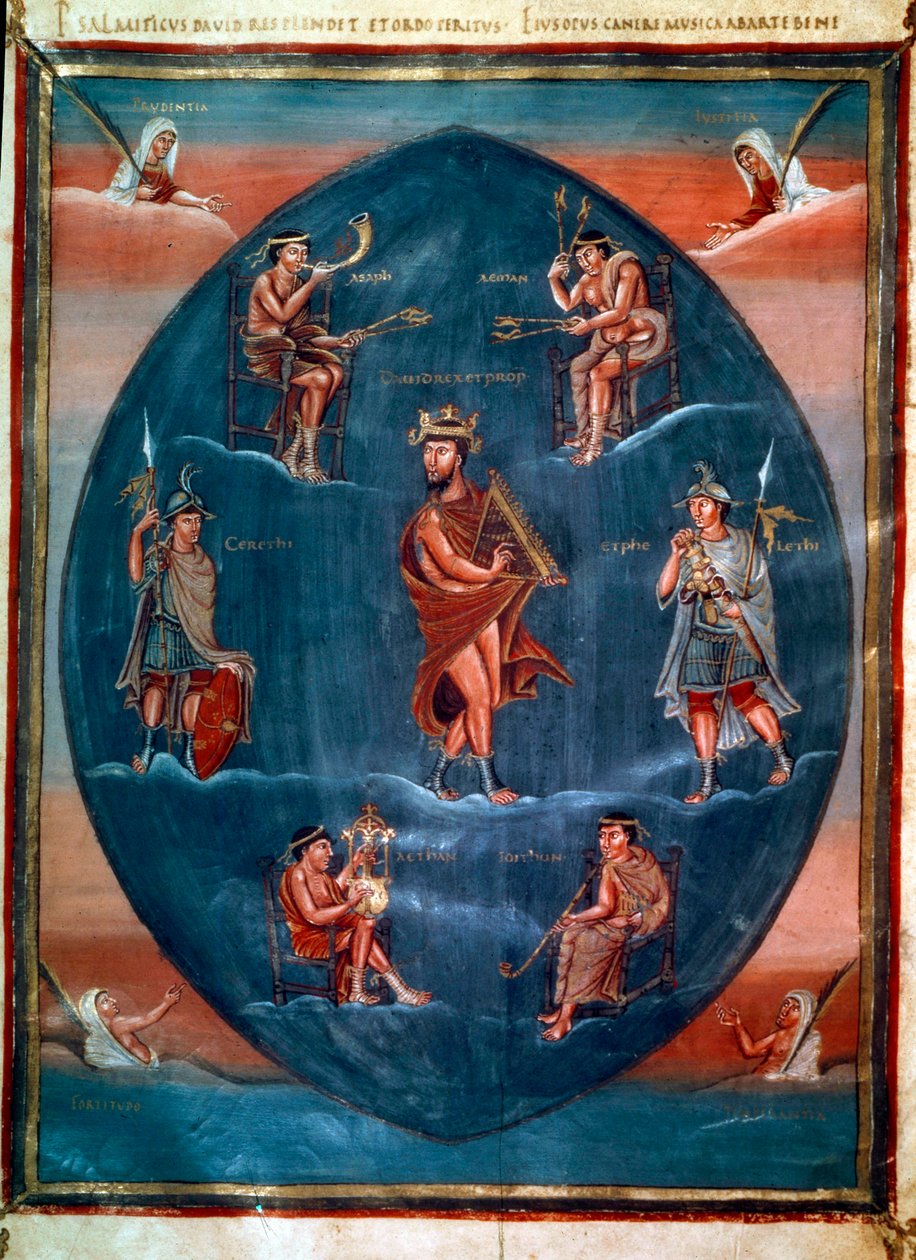 David tocando el arpa, rodeado de cuatro músicos, dos guardias y cuatro virtudes cardinales. Miniatura en “Primera Biblia de Carlos el Calvo, también conocida como la Biblia de Vivian” (Folio 215v). Anónimo, Francia, Tours (Saint-Martin). B.N., París de School French