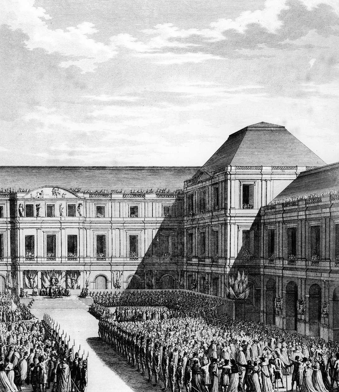 Fiesta dada por Napoleón I Bonaparte (1769-1821) en el Palais national du Directoire (Palais du Luxembourg) en París después del tratado de Campo Formio el 20 de frimaire Año VI (10 de diciembre de 1797). París, Biblioteca del Instituto de Historia de la R de School French