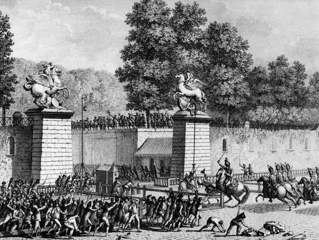 Primera de la Revolución Francesa: Monsieur Charles Eugene de Lorraine, Príncipe de Lambesc (1754-1825) entrando en las Tullerías con un destacamento de Royal German el 12 de julio de 1789 para reprimir a los primeros revolucionarios. París, Biblioteca del de School French