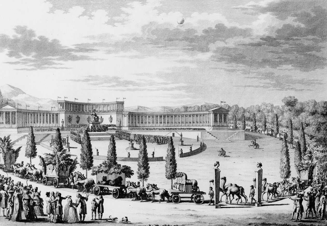 Revolución Francesa: Fiesta dada con motivo de la entrada triunfal de los monumentos de ciencia y arte en Francia el 9 y 10 de Thermidor Año VI (28 de julio de 1798) bajo las órdenes del Cónsul Napoleón Bonaparte (1769-1821) (campaña de saqueo). París de School French