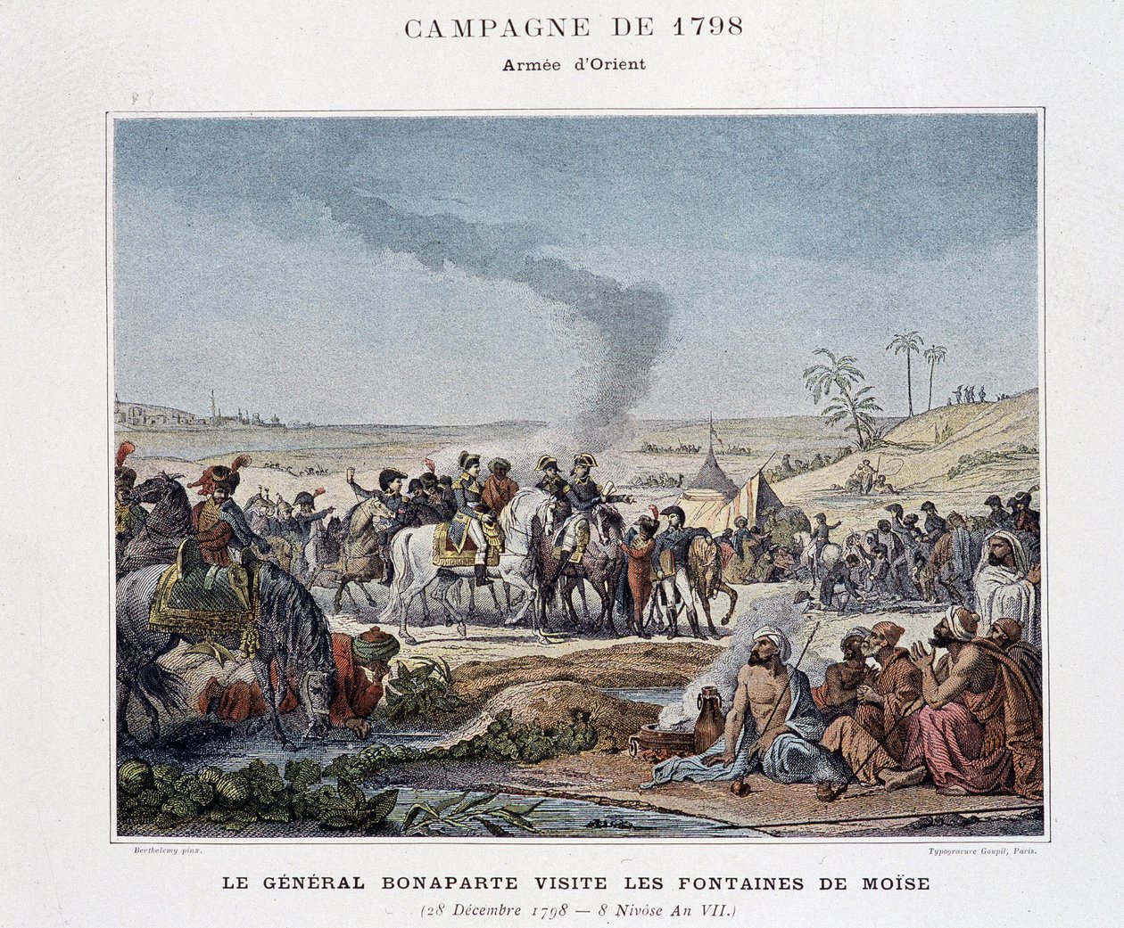 El General Bonaparte visita las fuentes de Moisés - en “Victoires et Conquêtes des Armées Françaises”, París, s.f (grabado) de School French