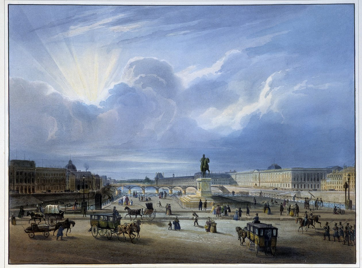 Vista general del Louvre con la estatua de Enrique IV de School French
