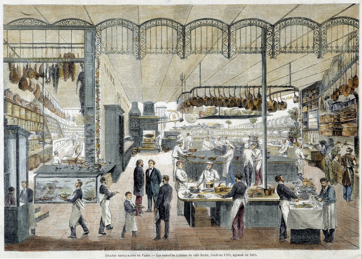 Grandes restaurantes en París: las nuevas cocinas del Café Riche, fundado en 1785, ampliado en 1865. de School French