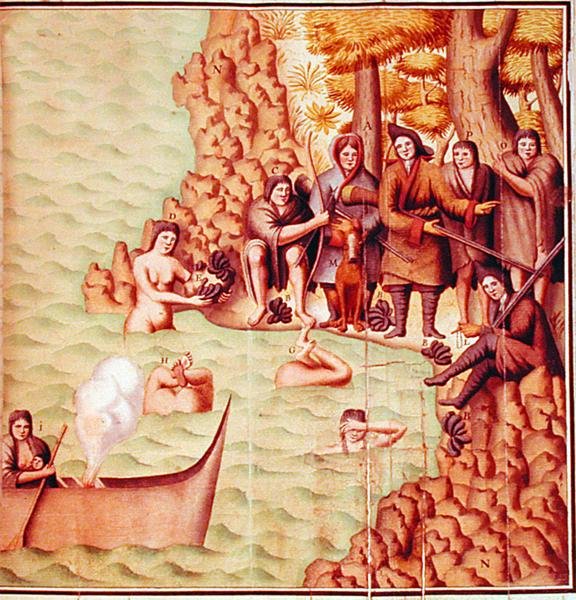 Indios del Estrecho de Magallanes con exploradores franceses, ilustración del 