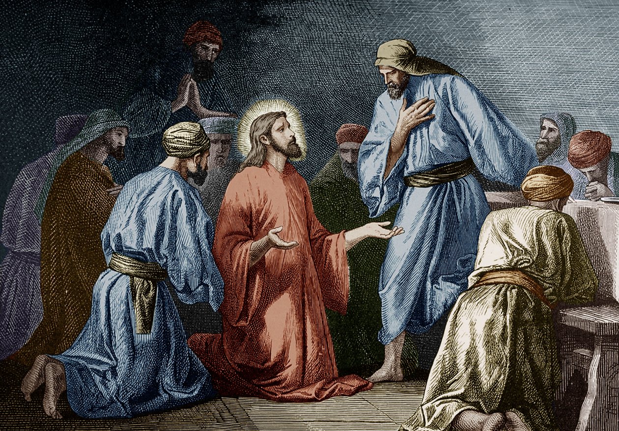 Jesucristo enseñando la oración a Juan (grabado en color) de School French
