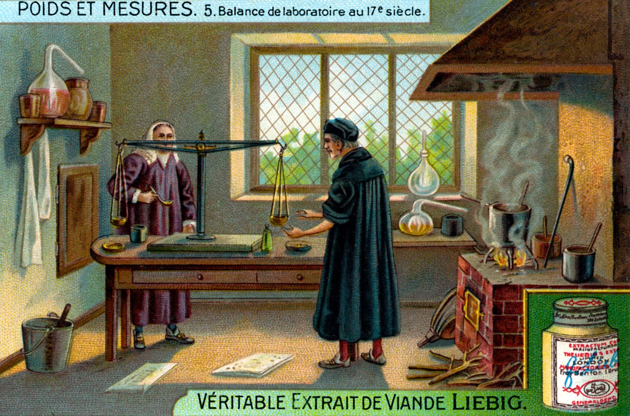 Balanzas de laboratorio en el siglo XVII, Tarjeta Liebig (impresión) de School French