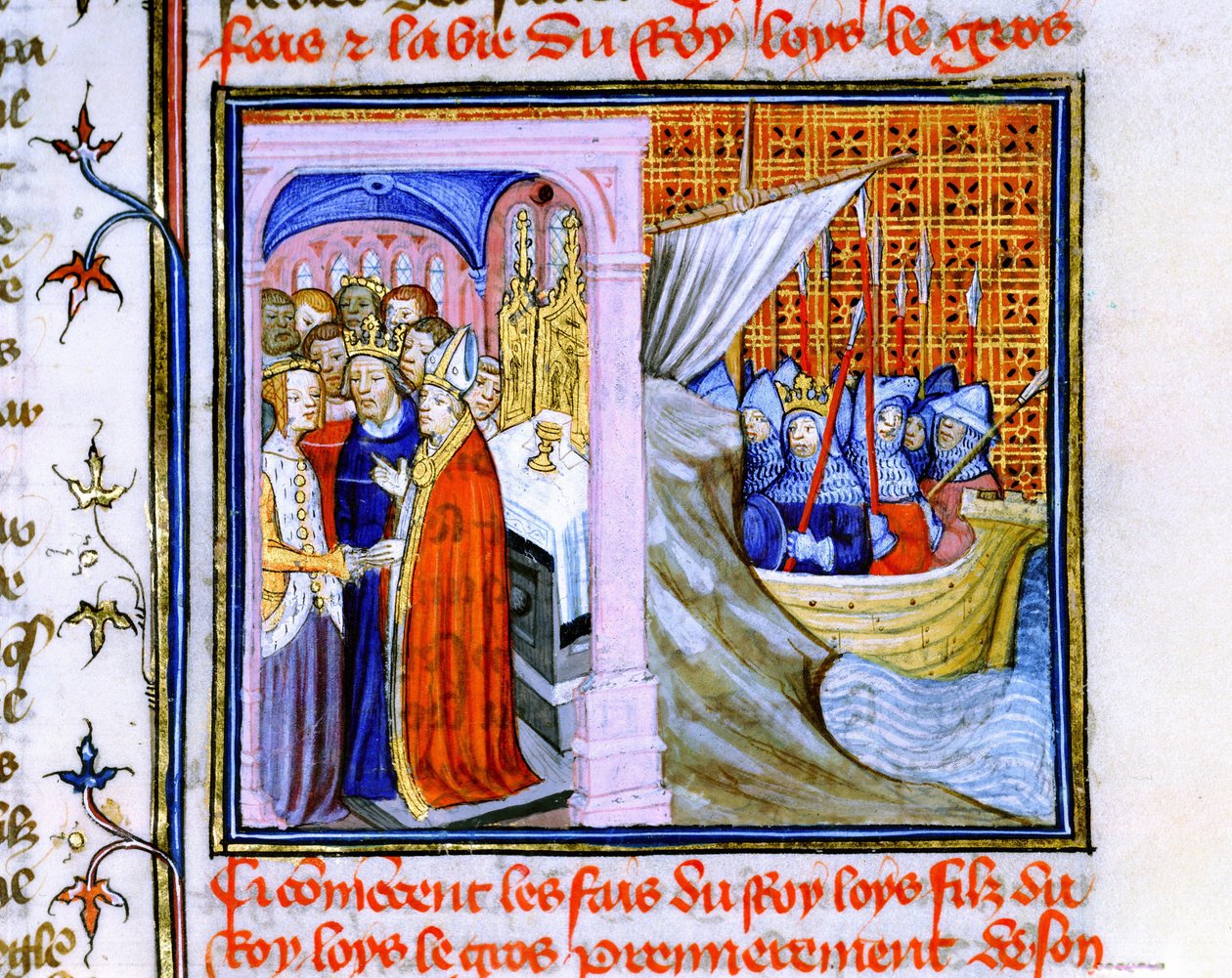 Matrimonio de Leonor de Aquitania y Luis VII de Francia (1137) a la izquierda, y embarque para la Segunda Cruzada 1147-1149, de la "Chronique de St Denis" (vitela). de School French