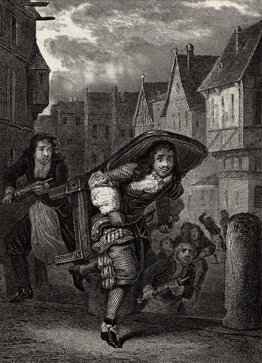 "Monsieur de Pourceaugnac" Grabado de "obras" del autor inglés Molière - Escena de la obra de teatro "Monsieur de Pourceaugnac" por Jean-Baptiste Poquelin llamado Molière (Jean Baptiste Poquelin) de School French