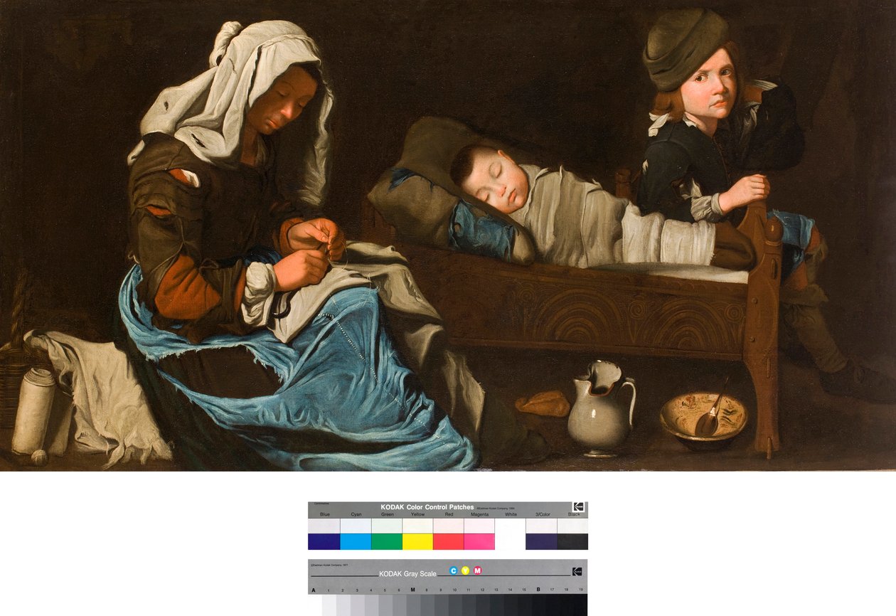 Madre cosiendo y sus dos hijos Pintura de la escuela francesa Colección particular de School French