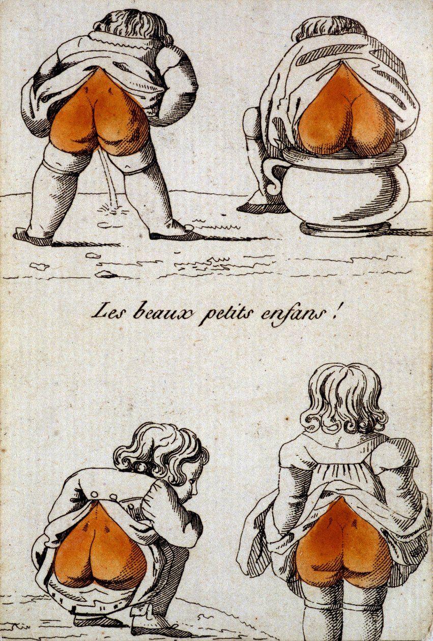 Carta antigua para jugar: el cuatro de corazones - "Hermosos niños pequeños" que muestran sus nalgas en forma de corazón. Musée de la Carte à Joueur, Issy-les-Moulineaux de School French
