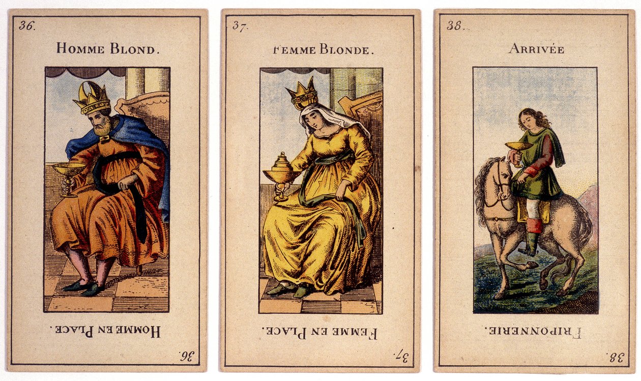 Antiguas cartas de juego que representan al rey “hombre rubio”, la reina “mujer rubia” y la llegada “friponnerie”. Musée de la Carte à Joulier, Issy-les-Moulineaux. de School French