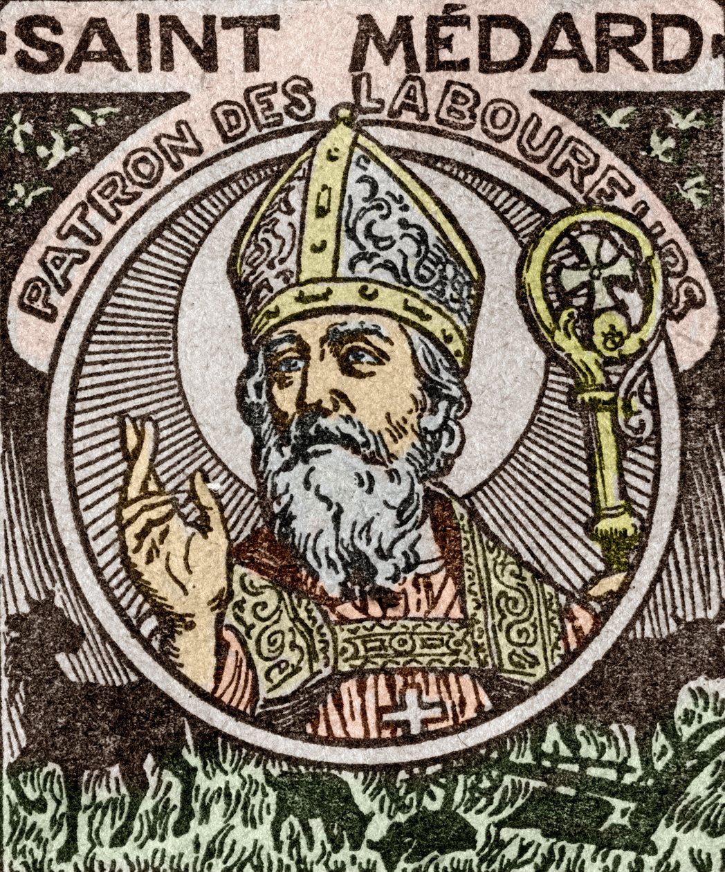 Retrato de San Medardo, Medardus, obispo de Noyon, del "Almanach du Pelerin". de School French