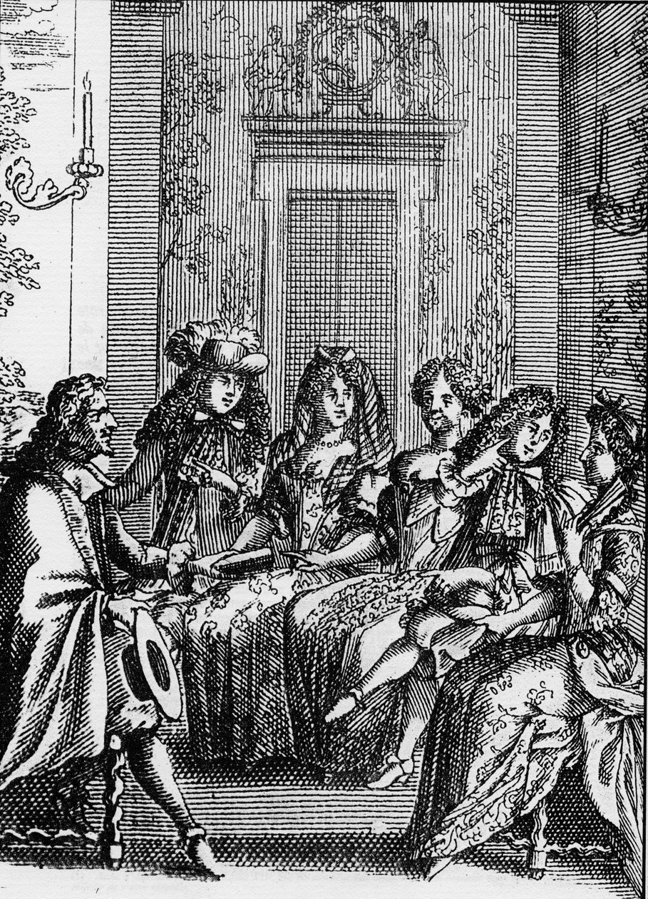 Representación de una escena de la obra “La crítica de la escuela de las mujeres” (1663) por Jean Baptiste Poquelin llamado Molière (1622-1673) de School French