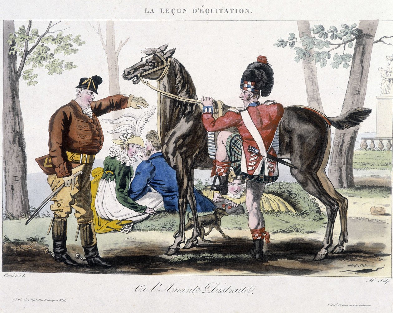 Lección de equitación o amante distraído - dibujo humorístico de School French