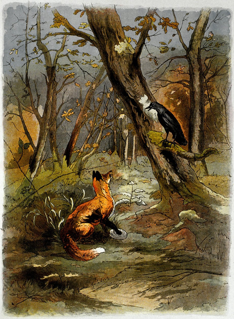 El cuervo y la zorra, de "Las fábulas de La Fontaine" (grabado) de School French
