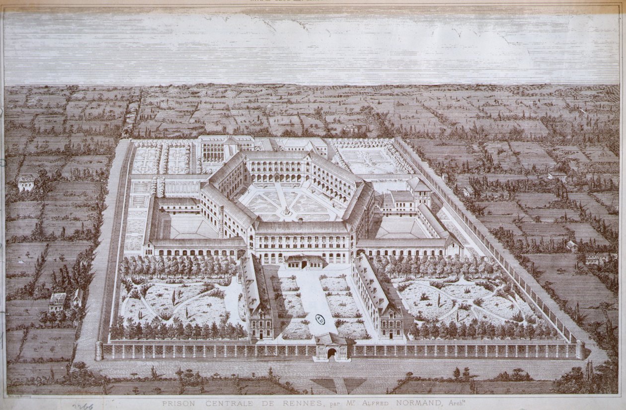 Vista de la prisión de mujeres de Rennes diseñada por el arquitecto Alfred Normand, publicada por Intime-Club, París de School French