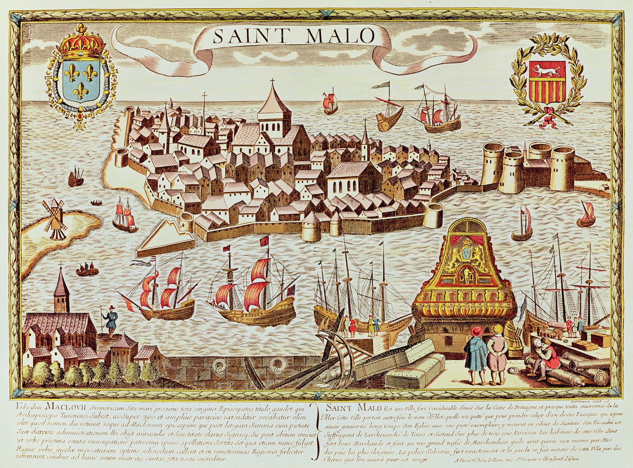 Vista del puerto y la ciudad fortificada de Saint Malo, situada en la costa de Bretaña de School French