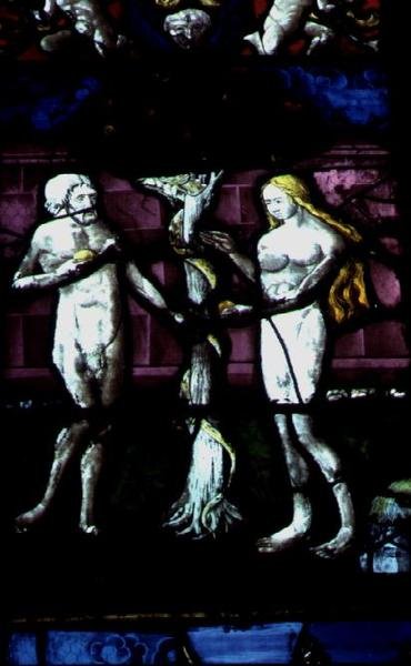 Ventana que representa a Adán y Eva y la Serpiente de School French