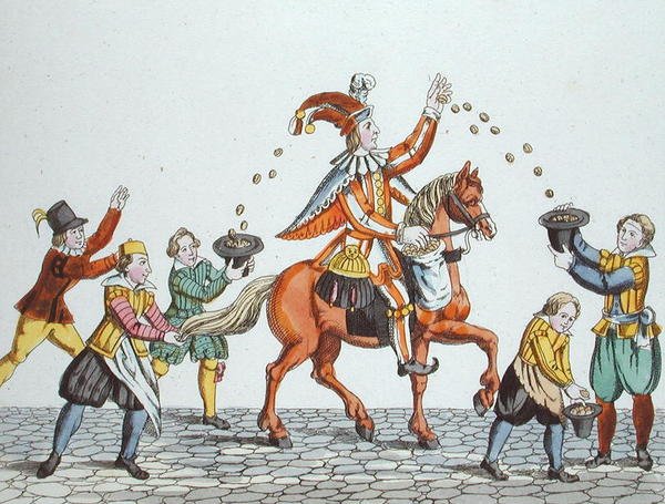 Bufón en un caballo castaño arrojando comida a los niños, de 