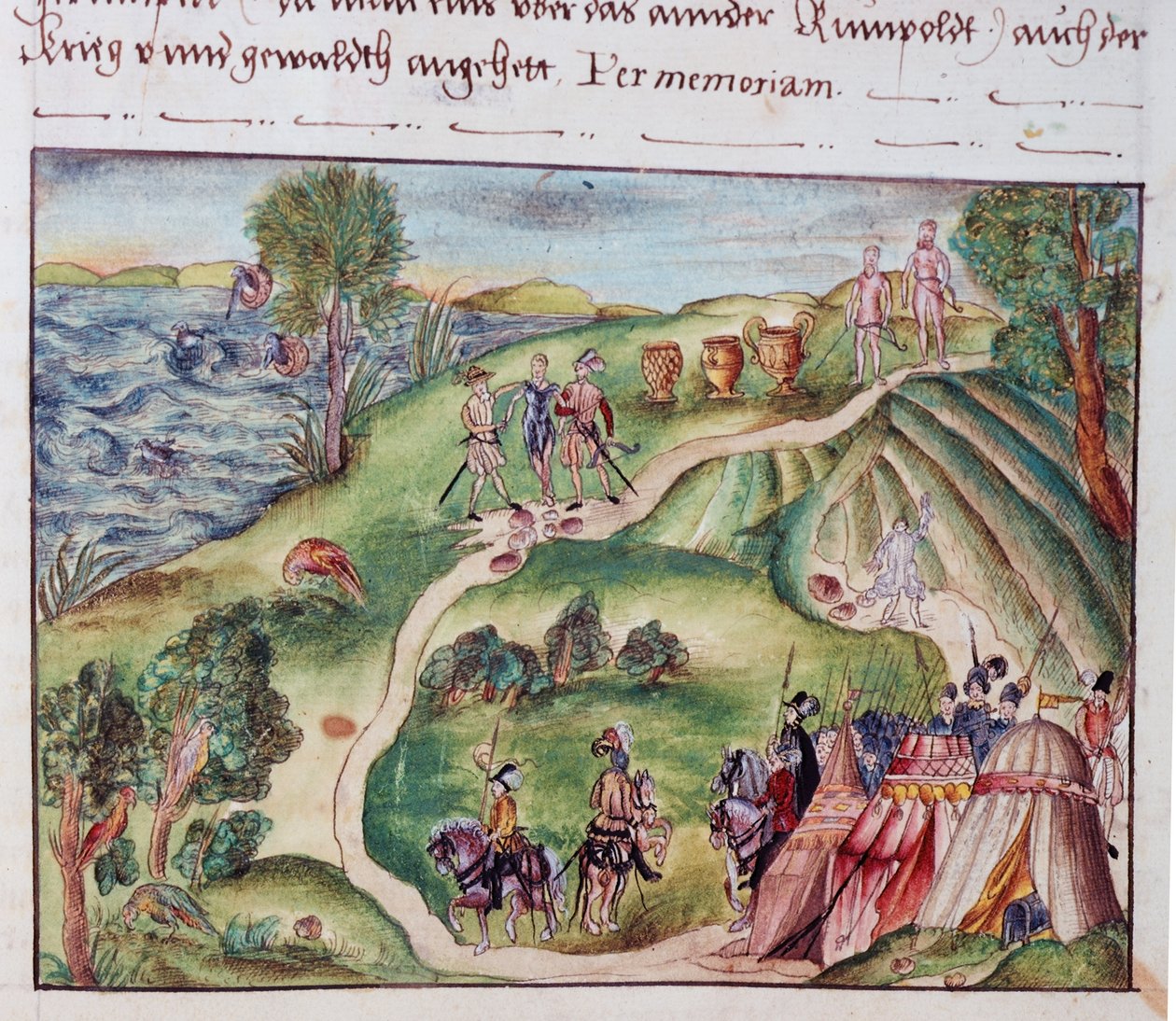 MS Add.15217 fol.40 Un paisaje venezolano con un campamento español, de una colección de memorias de la familia Coeler, Nuremberg de School German
