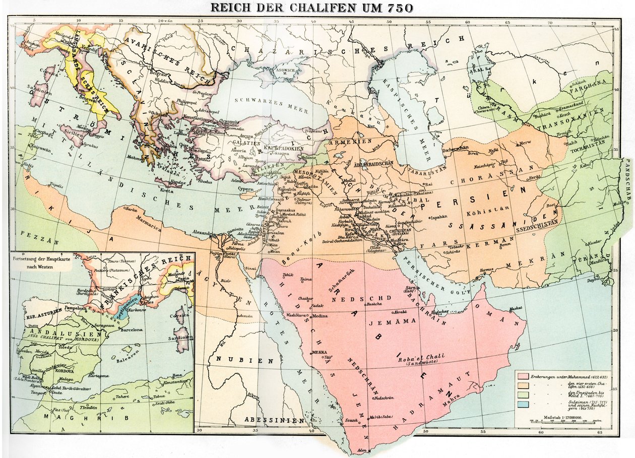 Mapa del Imperio Califal en 750, extraído de "Weltgeschichte" de Julius von Pflugk-Harttung de School German
