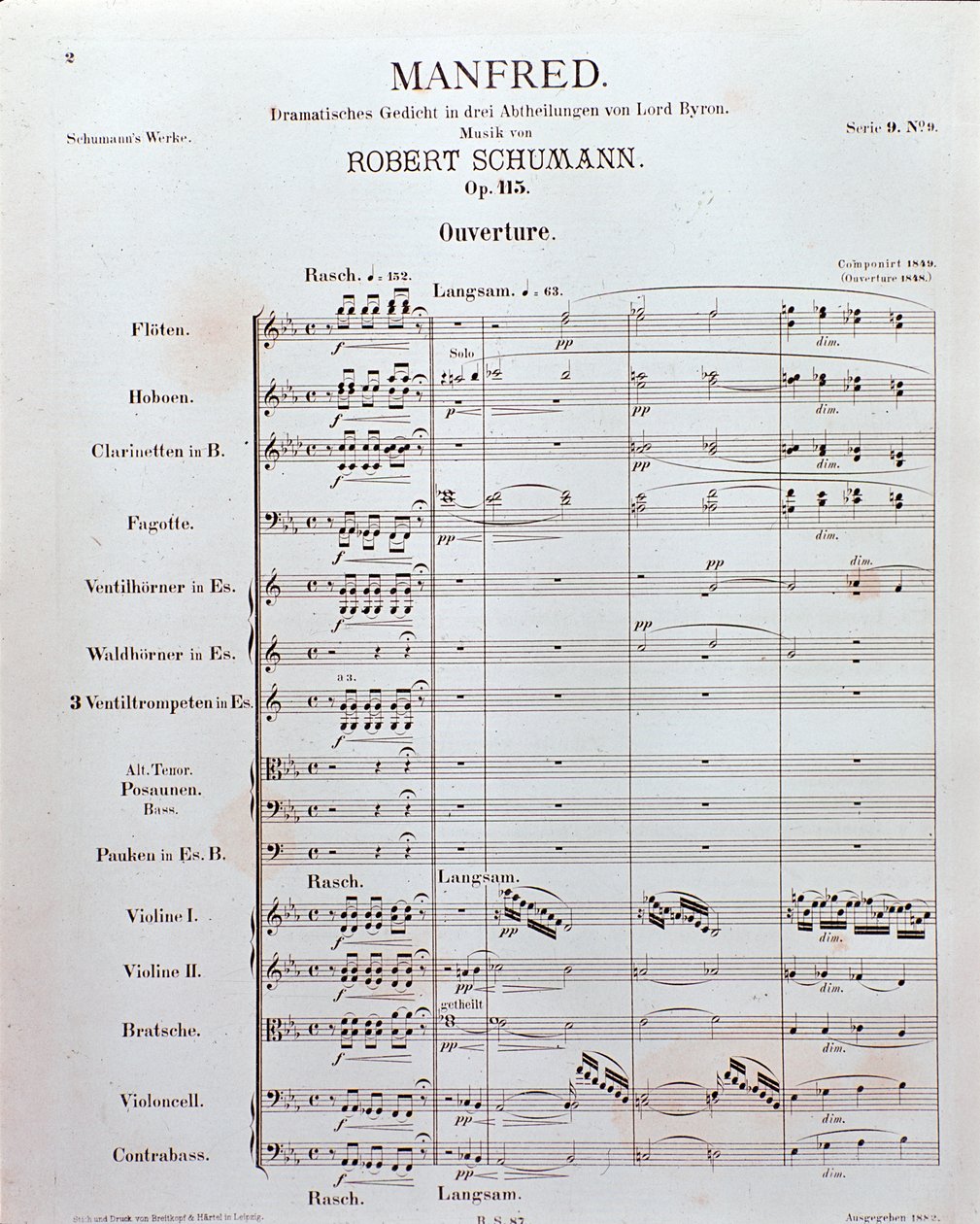 Partitura de la Apertura de "Manfred" (opus 115) por el compositor alemán Robert Schumann de School German