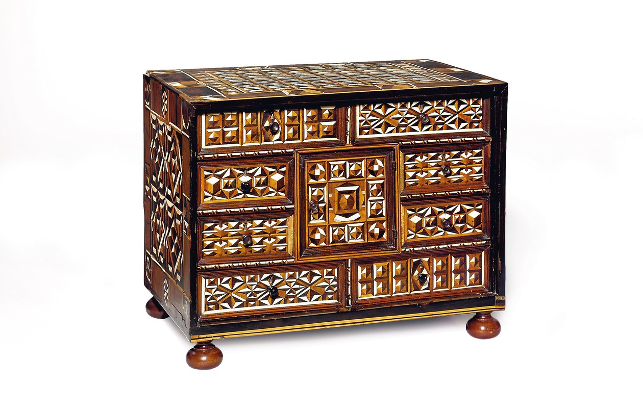 Gabinete de mesa con marquetería del sur de Alemania (ébano, marfil, nogal y madera frutal) de School German