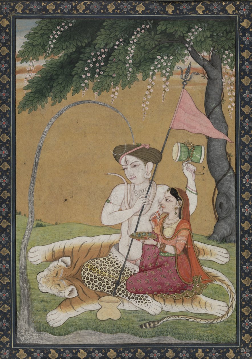 Shiva y Parvati sobre piel de tigre de School Guler