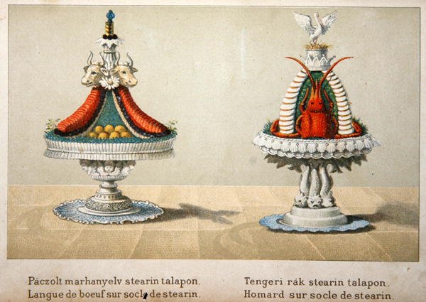 Diseño para la presentación de lengua de buey sobre una cama de estearina y para langosta, ilustración de un libro de cocina húngaro sobre cocina francesa, c.1880 de School Hungarian