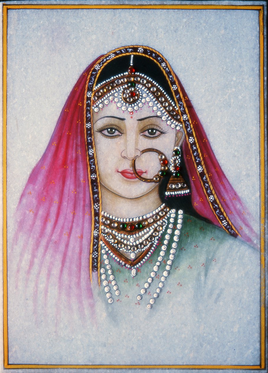 A Rajasthani Lady (gouache y acuarela sobre placa de mármol) de School Indian
