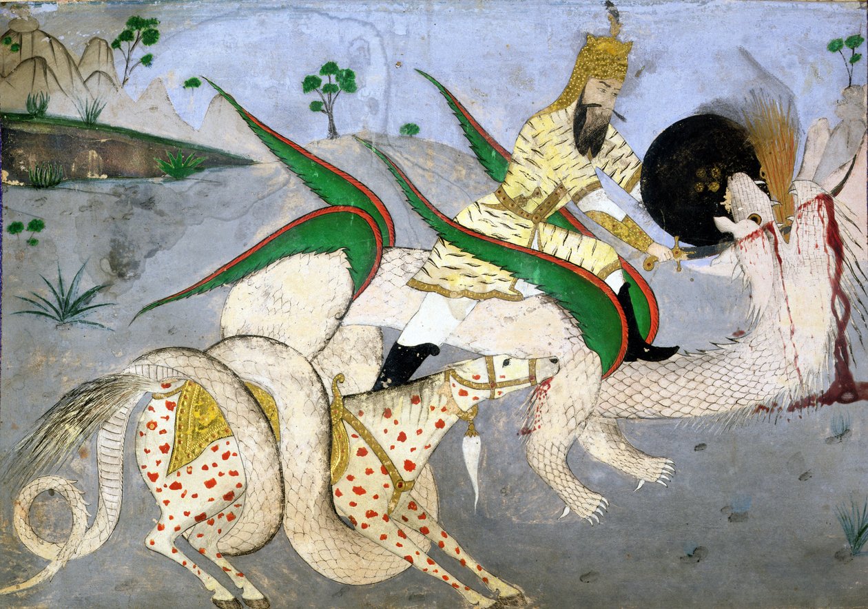 Un guerrero montado atacando a un dragón, ilustración de un libro sobre mística india (tinta sobre papel montado en tarjeta) de School Indian