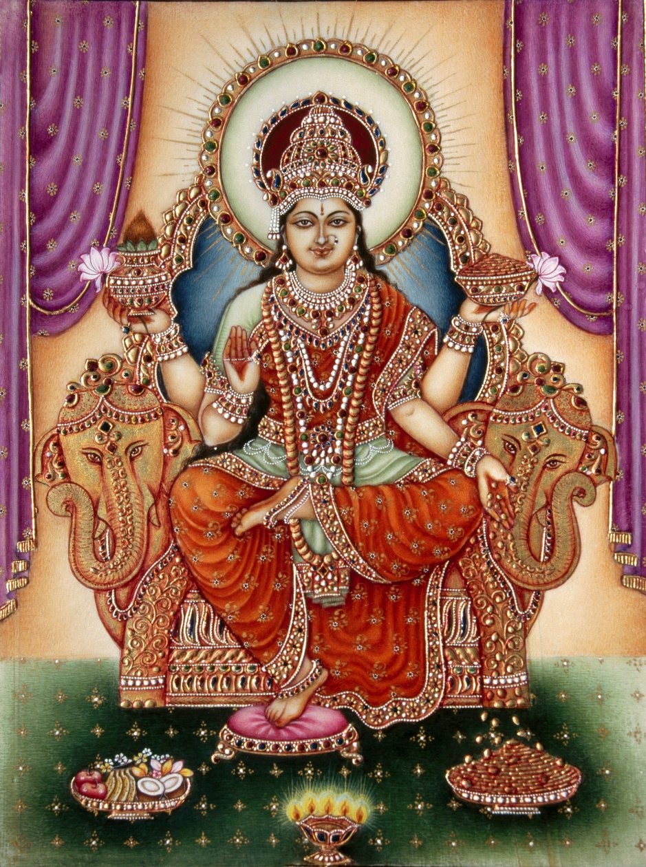Pintura en miniatura de la diosa Lakshmi sobre marfil de School Indian