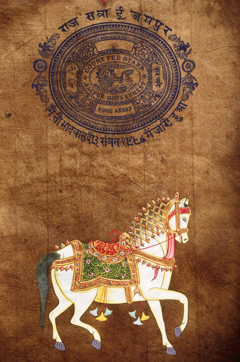 Caballo, pintura hecha a mano y papel timbrado antiguo, Jaipur, Rajastán, India de School Indian