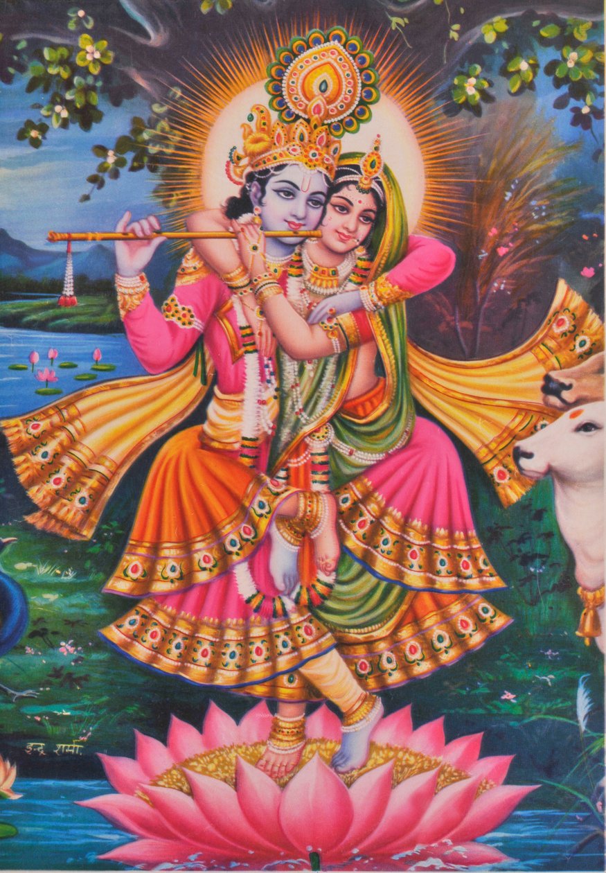Krishna y Radha (litografía en color) de School Indian