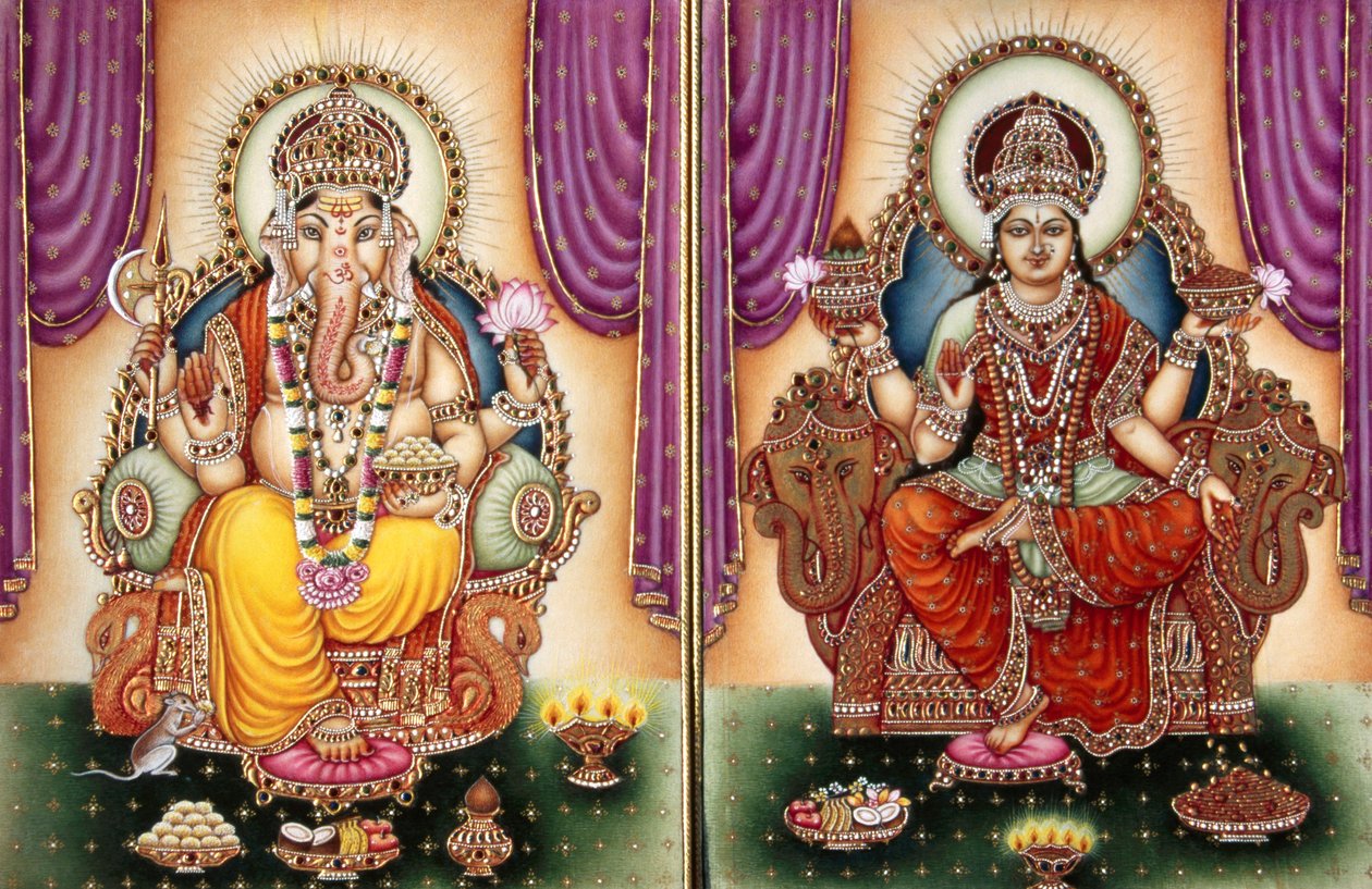 Lord Ganesh Ganpati Diosa y Lakshmi Miniatura Pintura sobre Marfil de School Indian