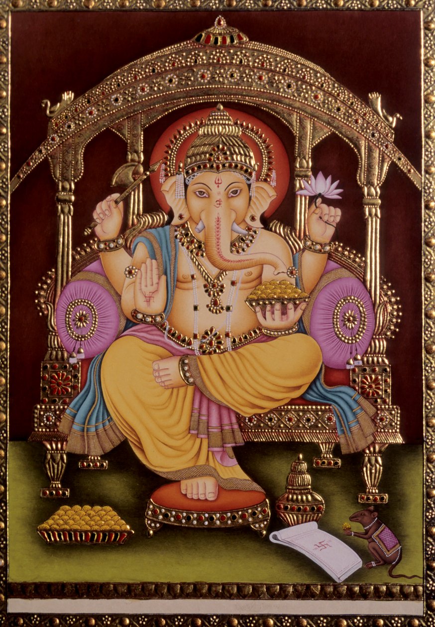 Lord Ganesh Ganpati Pintura en miniatura sobre papel con relieve de oro de School Indian