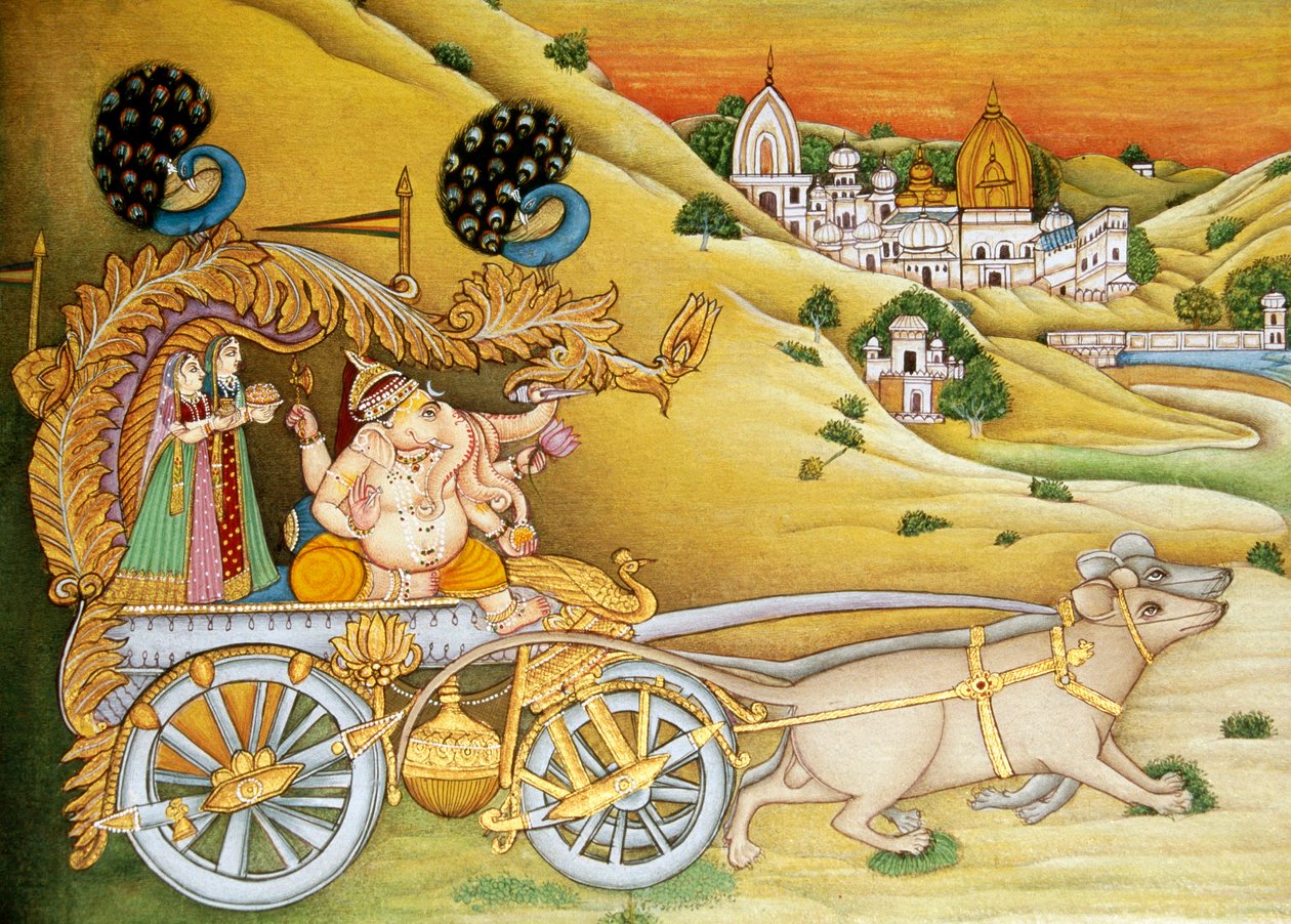Lord Ganesh Ganpati Riddhi y Siddhi Pintura en miniatura sobre papel de School Indian