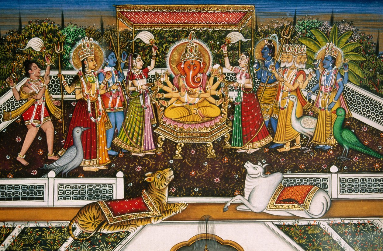 Lord Ganesh Ganpati con Brahma, Vishnu, Shiva, Durga, Pintura en miniatura sobre papel de School Indian