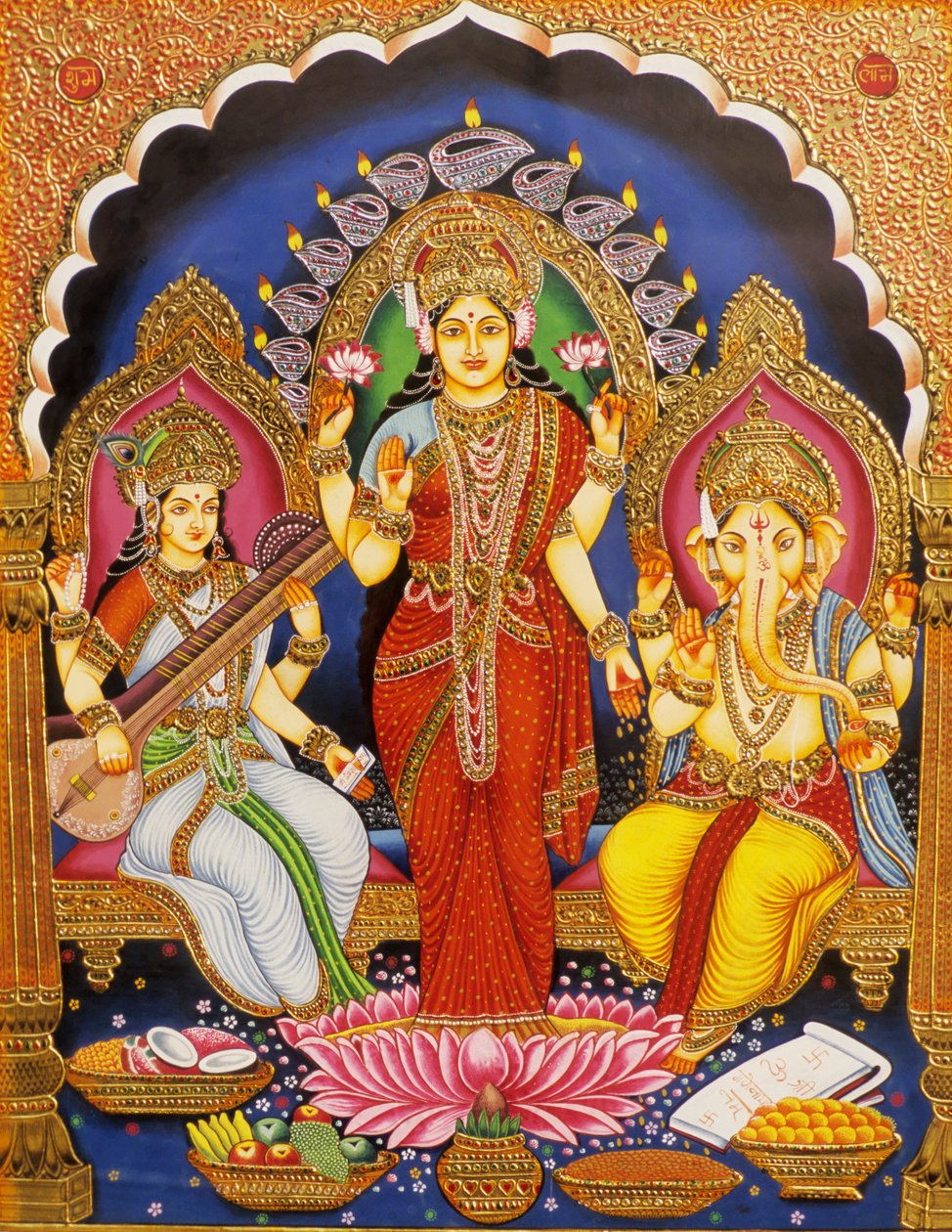 Señor Ganesh con Laxmi y Saraswati Pintura en miniatura sobre papel con oro en relieve India de School Indian