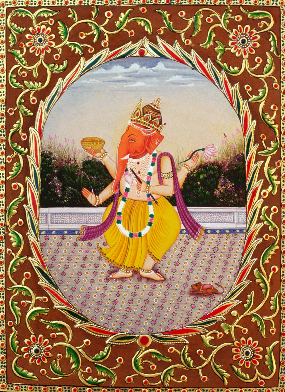 Lord Ganesha Ganpati Pintura en miniatura sobre papel con bordado de School Indian
