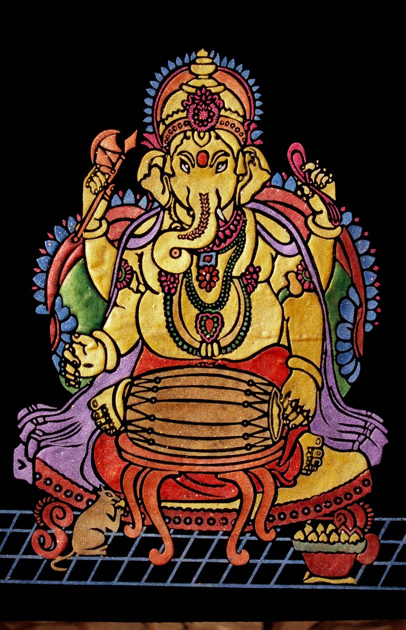 Lord Ganesha Ganpati Tocando Instrumento Musical Trabajo de Bordado de School Indian