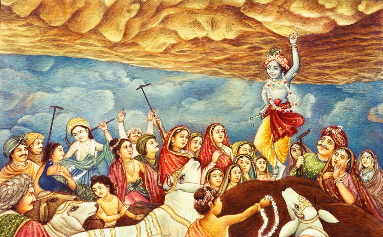 Pintura en miniatura de Krishna levantando una montaña de School Indian