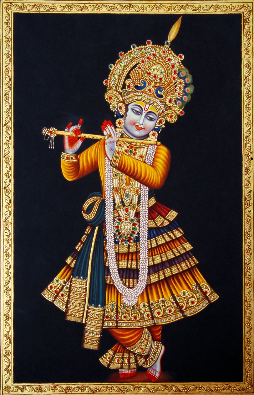 Krishna tocando la flauta Pintura en miniatura sobre papel de School Indian